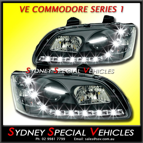 HEADLIGHTS FOR VE COMMODORE SERIES 1 - PAIR - BLACK DRL STYLE