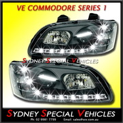 HEADLIGHTS FOR VE COMMODORE SERIES 1 - PAIR - BLACK DRL STYLE