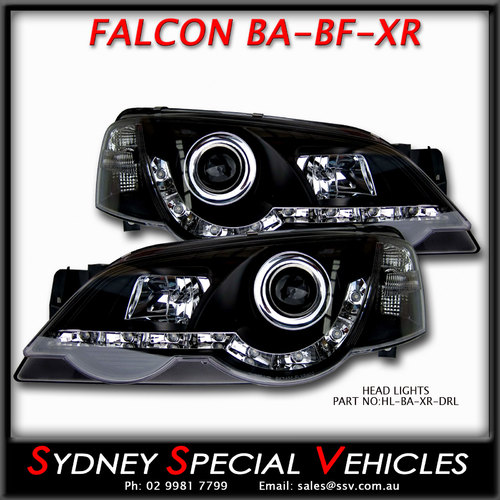HEADLIGHTS FOR BA-BF FALCON XR6 XR8 - DRL STYLE - BLACK