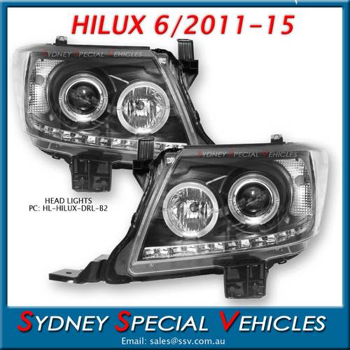 DRL HEADLIGHTS FOR HILUX 6/2011-4/2015 - BLACK PROJECTOR STYLE WITH ANGEL EYES 