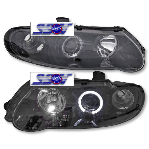 HEADLIGHTS FOR VX VU COMMODORE - BLACK PROJECTOR STYLE WITH ANGEL EYES